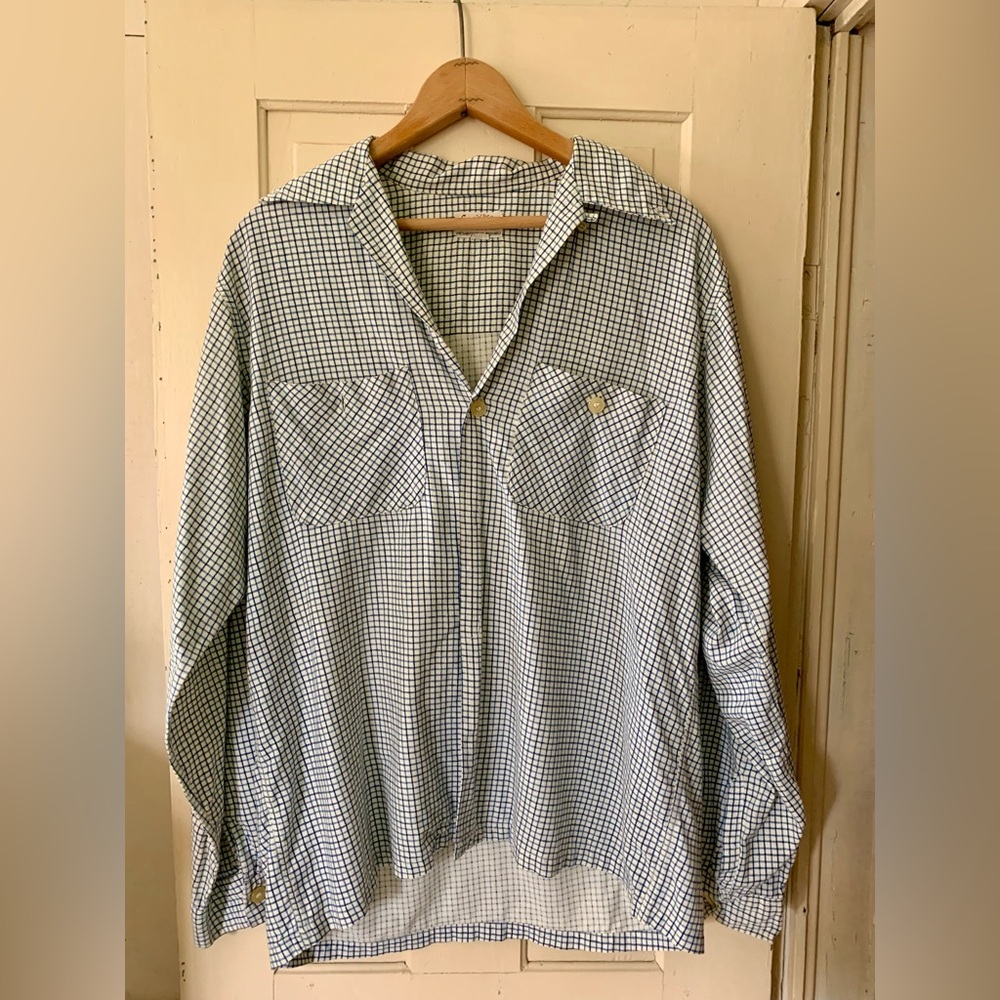 Vintage 1970s blue checkered button down shirt.